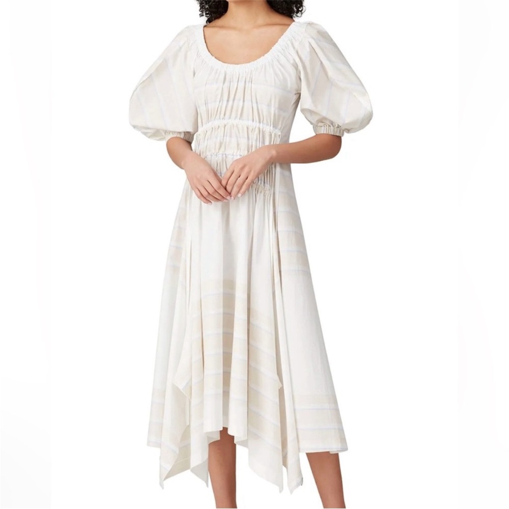 Eudon Choi Pina Puff Sleeve Tie Back Smocked Scoop Neck Asymmetric Midi Dress XS